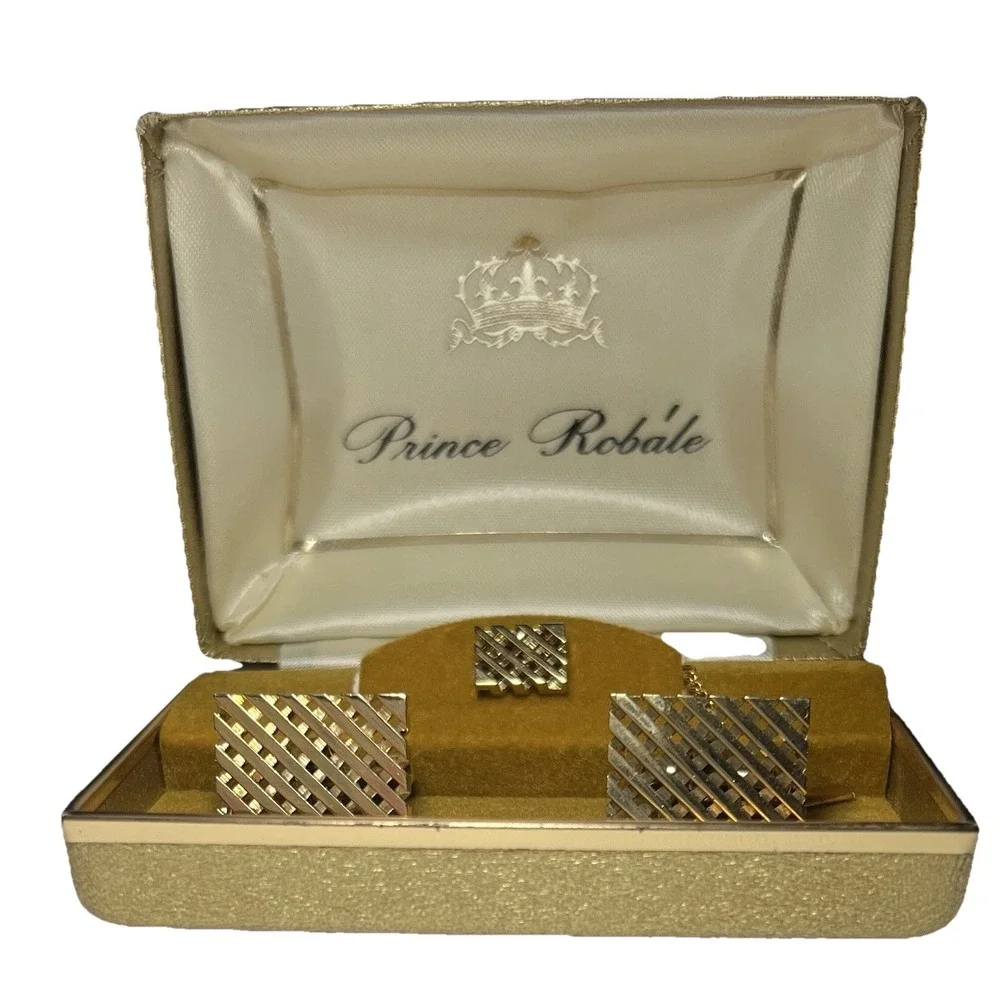 Men's‎ Vintage New In Box Prince Robale Timeless Gold Tone Cuff Links & Tie Pin